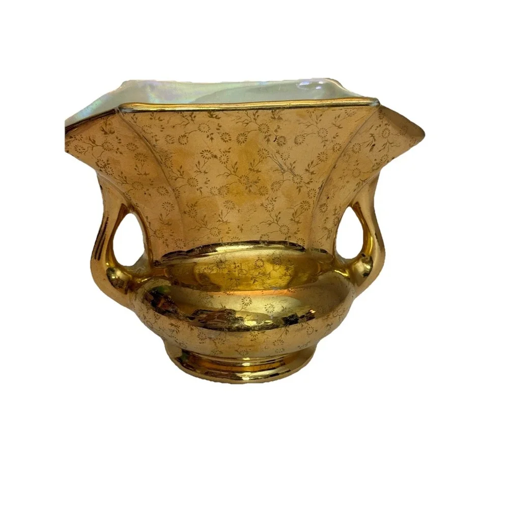 Vintage Gold Floral Cream Lusterware Vase Urn Handled  Collectible 22K Gold Flaw